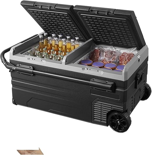 🧊 Dual Zone Car Fridge Freezer – 75L Capacity, Portable 12V Cooler with Compressor, Removable Divider, Heavy-Duty Wheels & Handle, Perfect for Road Trips ⛰️