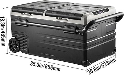 🧊 Dual Zone Car Fridge Freezer – 75L Capacity, Portable 12V Cooler with Compressor, Removable Divider, Heavy-Duty Wheels & Handle, Perfect for Road Trips ⛰️