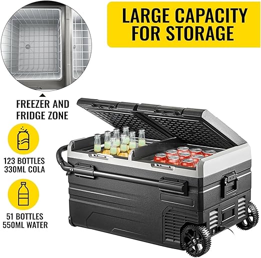 🧊 Dual Zone Car Fridge Freezer – 75L Capacity, Portable 12V Cooler with Compressor, Removable Divider, Heavy-Duty Wheels & Handle, Perfect for Road Trips ⛰️