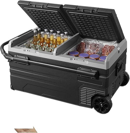 🧊 Dual Zone Car Fridge Freezer – 75L Capacity, Portable 12V Cooler with Compressor, Removable Divider, Heavy-Duty Wheels & Handle, Perfect for Road Trips ⛰️